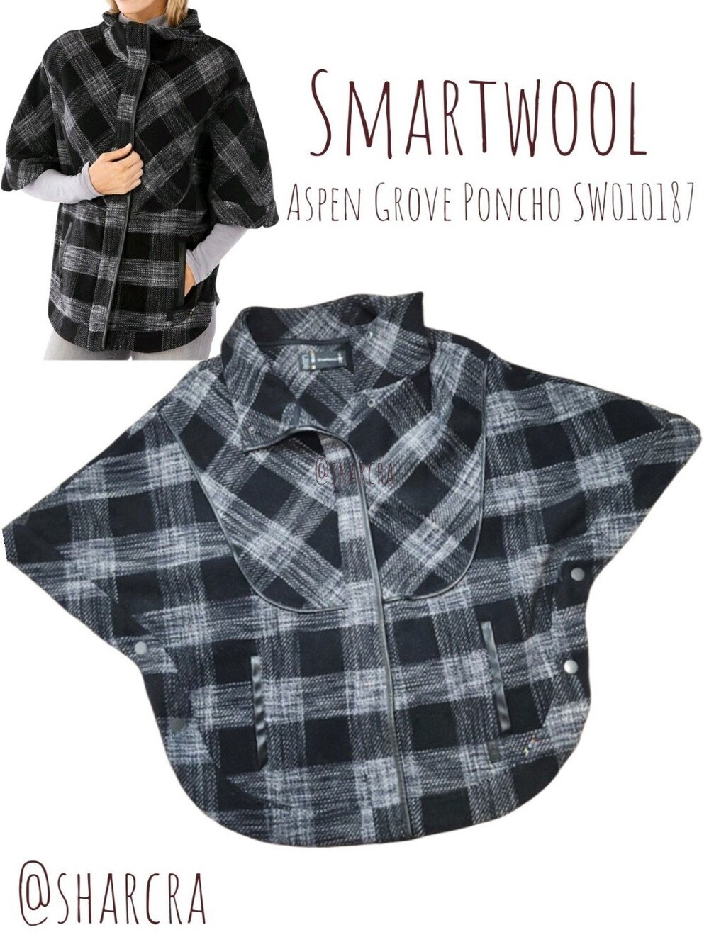 Smartwool Women Aspen Grove Merino Wool Poncho Coat SW010187 Black Grey Plaid M